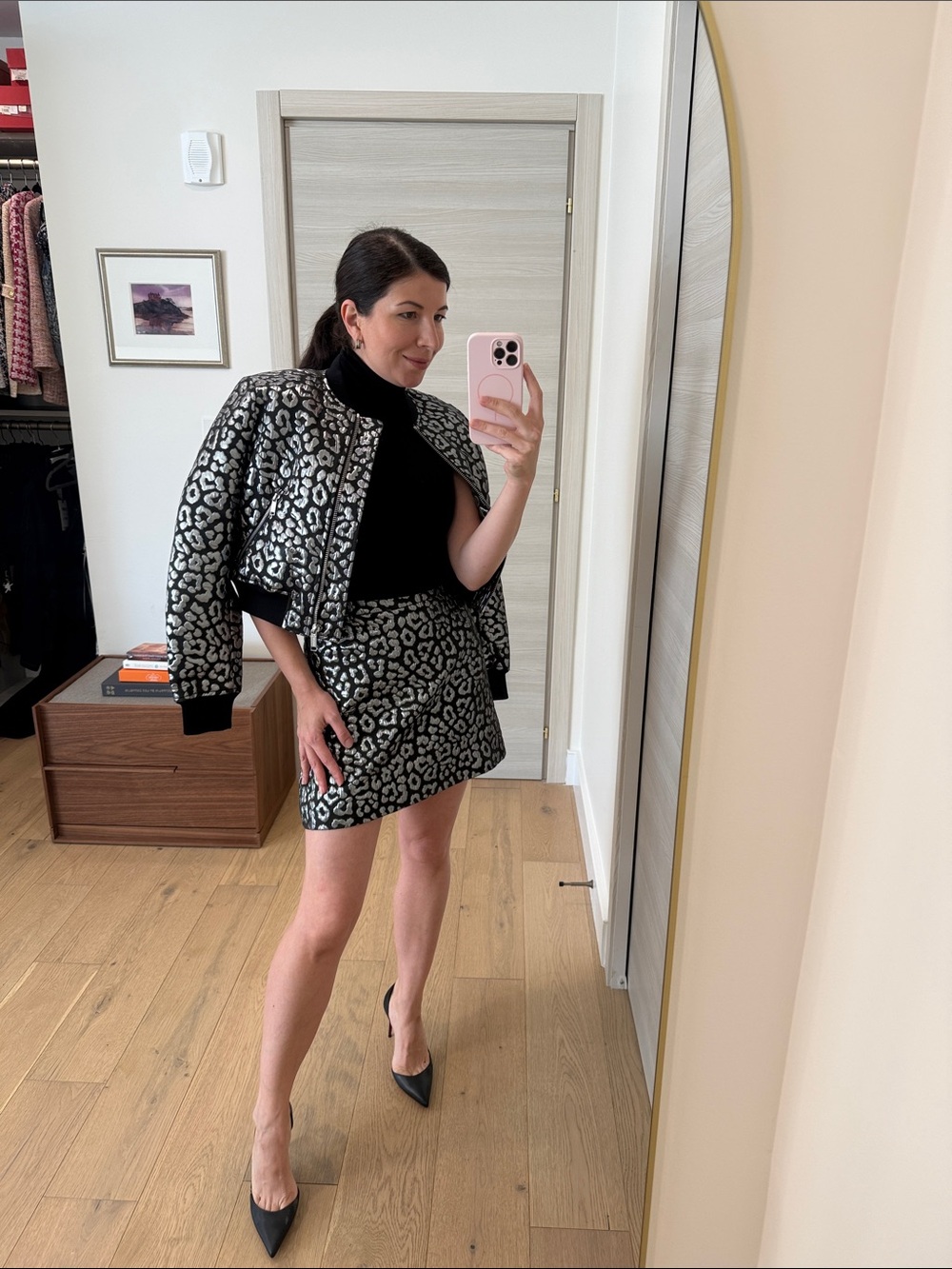 Michael Kors Leopard Quilted Bomber Jacket & Mini Skirt Set